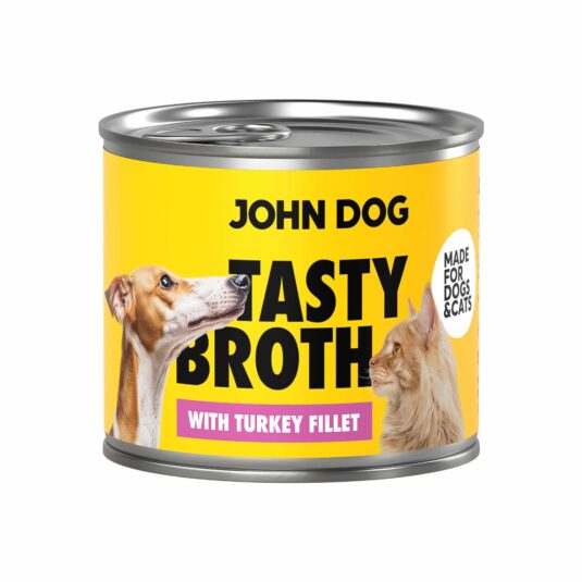 Puszka mokrej karmy John Dog Tasty Broth z indykiem dla psów i kotów. Na etykiecie żółte tło, pies oraz kot.