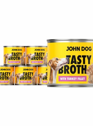 Zestaw puszek mokrej karmy John Dog Tasty Broth z indykiem dla psów i kotów. Charakterystyczne żółte opakowanie z grafiką psa i kota.