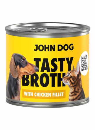 Puszka mokrej karmy John Dog Tasty Broth z kurczakiem dla psów i kotów. Na opakowaniu znajduje się obraz psa i kota.