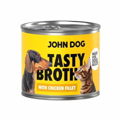 Puszka mokrej karmy John Dog Tasty Broth z kurczakiem dla psów i kotów. Na opakowaniu znajduje się obraz psa i kota.