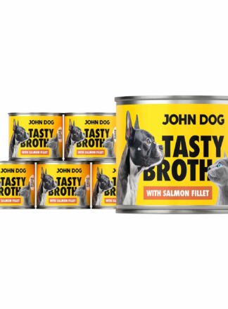 Zestaw puszek mokrej karmy John Dog Tasty Broth z łososiem dla psów i kotów. Charakterystyczne żółte opakowania z grafiką psa i kota.