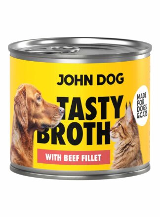 Puszka mokrej karmy John Dog Tasty Broth z wołowiną dla psów i kotów. Na etykiecie znajduje się pies i kot, żółte tło.