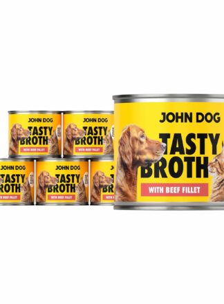 Zestaw puszek mokrej karmy John Dog Tasty Broth z wołowiną dla psów i kotów. Żółte opakowanie z wizerunkiem psa i kota.