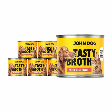 Zestaw puszek mokrej karmy John Dog Tasty Broth z wołowiną dla psów i kotów. Żółte opakowanie z wizerunkiem psa i kota.