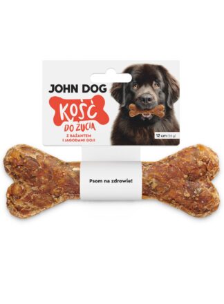 Kość do żucia 12 cm z bażantem i jagodami goji w kolorze brązowym– widok od przodu. Na środku kości znajduje się biała owijka, do której przymocowana jest biała etykieta z czerwonym napisem. Po prawej na etykiecie jest pies rasy nowofundland, który trzyma kość w zębach.