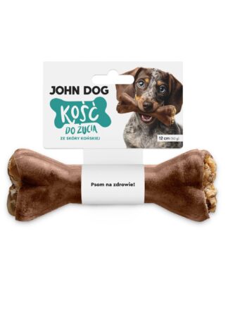 Kość do żucia 12 cm ze skóry końskiej w kolorze brązowym– widok od przodu. Na środku kości znajduje się biała owijka, do której przymocowana jest biała etykieta z turkusowym napisem. Po prawej na etykiecie jest pies rasy jamnik, który trzyma kość w zębach.