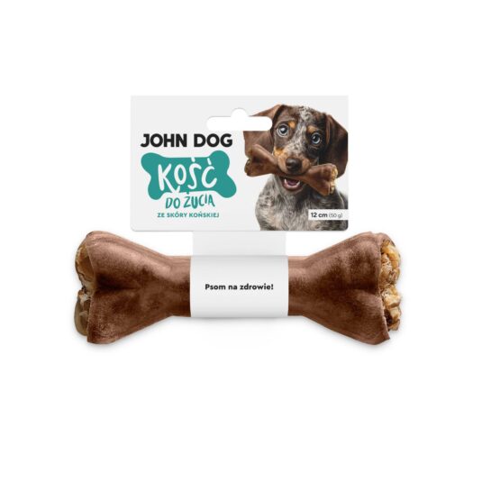 Kość do żucia 12 cm ze skóry końskiej w kolorze brązowym– widok od przodu. Na środku kości znajduje się biała owijka, do której przymocowana jest biała etykieta z turkusowym napisem. Po prawej na etykiecie jest pies rasy jamnik, który trzyma kość w zębach.