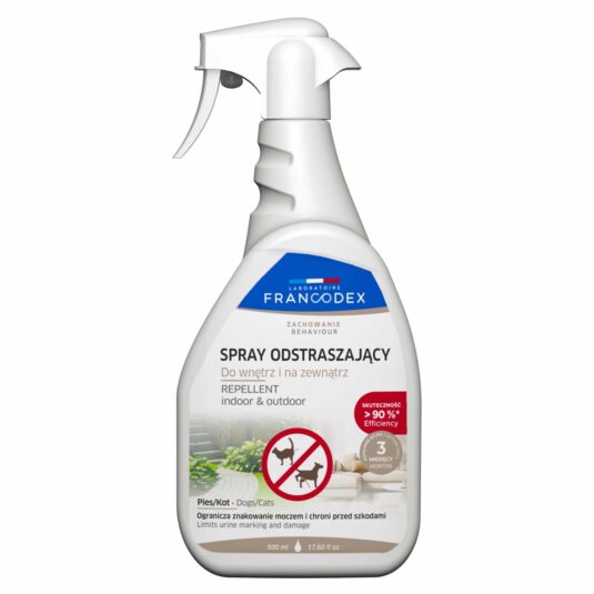 Spray odstrszający psy, koty i kuny. Do wnętrz i na zewnątrz. Butelka z atomizerem 500 ml.