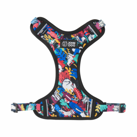Bezuciskowe szelki dla psa w kształcie litery „H” z kolorowym nadrukiem inspirowanym Barceloną. Przód szelek zdobi logo John Dog oraz abstrakcyjne postacie i rośliny w żywych barwach. Pasy mają czarne obszycia, są regulowane i zapinane na klamry.