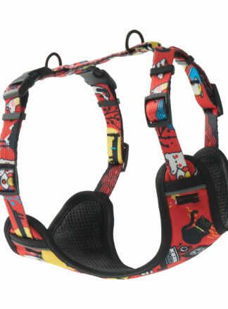 Czerwone szelki typu guard dla psa z bezuciskową konstrukcją. Mają czarne, miękkie poduszki w miejscach przylegających do ciała psa, zapewniające komfort podczas spaceru. Szelki zdobi wzór z grafikami japońskich motywów, m.in. kotków maneki-neko, ramenów i innych symboli. Wyposażone w regulowane paski i dwa metalowe półkola do przypięcia smyczy.