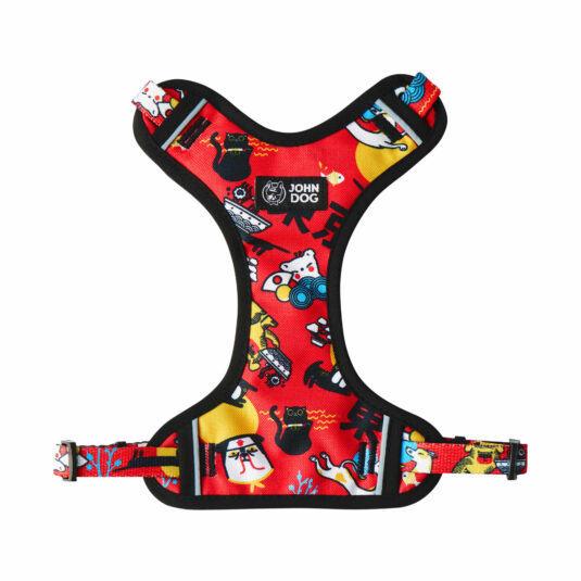 Bezuciskowe szelki typu guard dla psa marki John Dog z kolorowym nadrukiem Tokyo Print, przedstawiającym motywy japońskie, takie jak koty maneki-neko, miski ramen, gejsze i inne symbole na czerwonym tle.