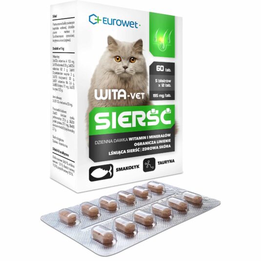 Kompleks witamin dla kota poprawiający kondycję skóry i sierści. Opakowanie 60 tabletek w blistrach.