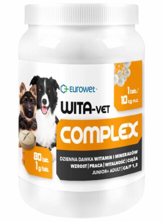 Kompleks witamin i minerałów dla psów dorosłych i szczeniąt. Opakowanie 80 tabletek.