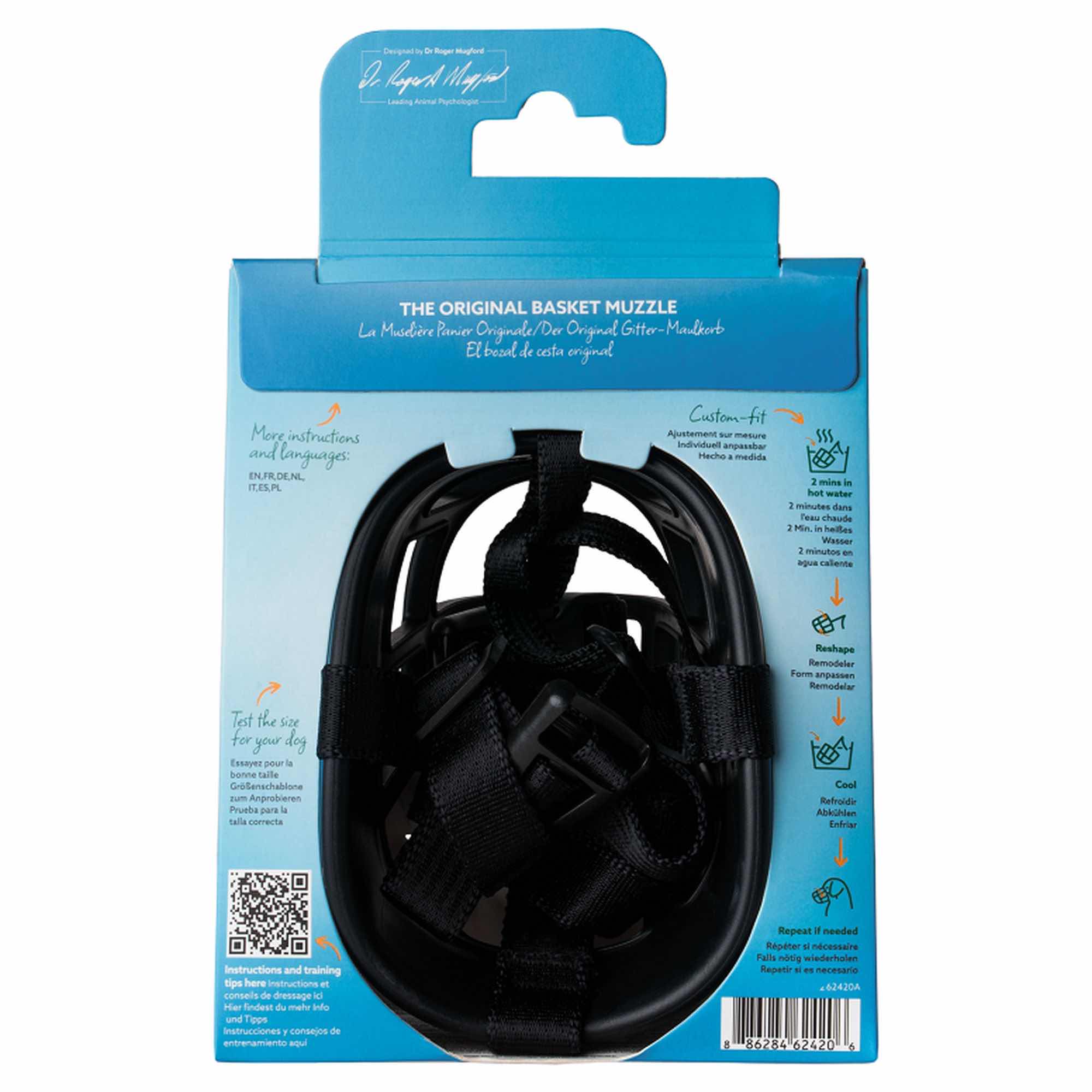 Kaganiec dla psa ultra marki Baskerville w niebieskim opakowaniu od tyłu. Rozmiar 4.