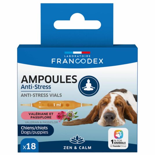 Ampułki antystresowe dla psów marki Francodex. 18 szt. po1 ml każda.