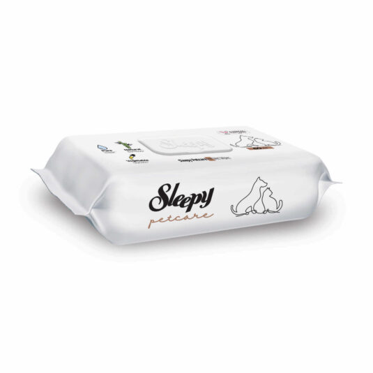 Chusteczki nawilżane dla zwierząt w biały opakowaniu. 60 sztuk. Sleepy Pet Care.