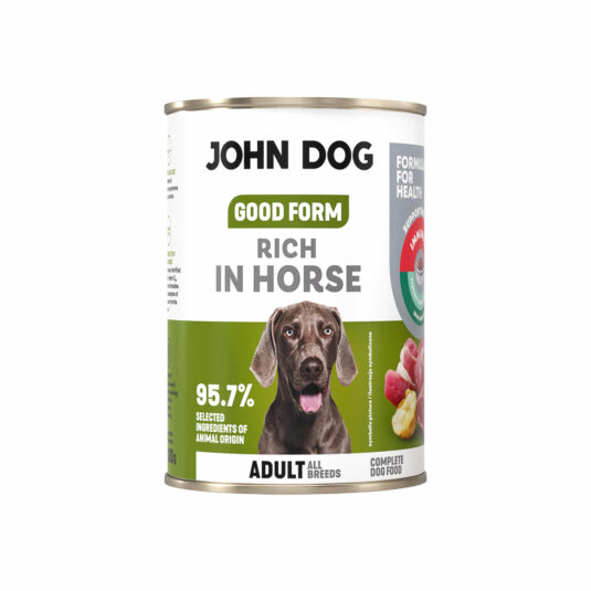 Pojedyncza puszka mokrej karmy dla psa John Dog Good Form, 400 g, bogata w koninę, zawierająca 95,7% składników pochodzenia zwierzęcego.