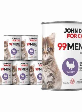 Zestaw sześciu 400 g opakowań mokrej karmy dla kociąt 99 menu z indyka.