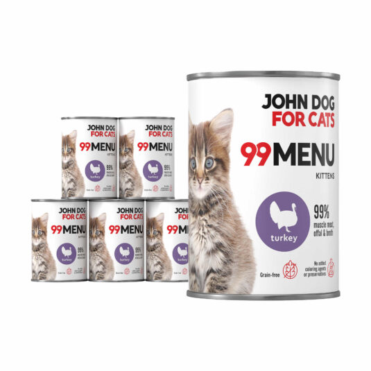 Zestaw sześciu 400 g opakowań mokrej karmy dla kociąt 99 menu z indyka.