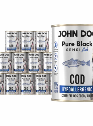 Zestaw dwunastu puszek mokrej karmy dla psa z dorsza, linia Pure Black Sensi Fish, pojemność 400 g.