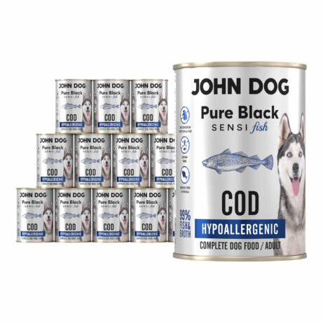 Zestaw dwunastu puszek mokrej karmy dla psa z dorsza, linia Pure Black Sensi Fish, pojemność 400 g.