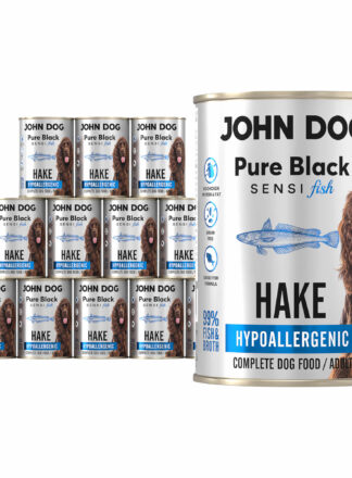 Zestaw dwunastu puszek mokrej karmy dla psa z morszczuka, linia Pure Black Sensi Fish, pojemność 400 g.