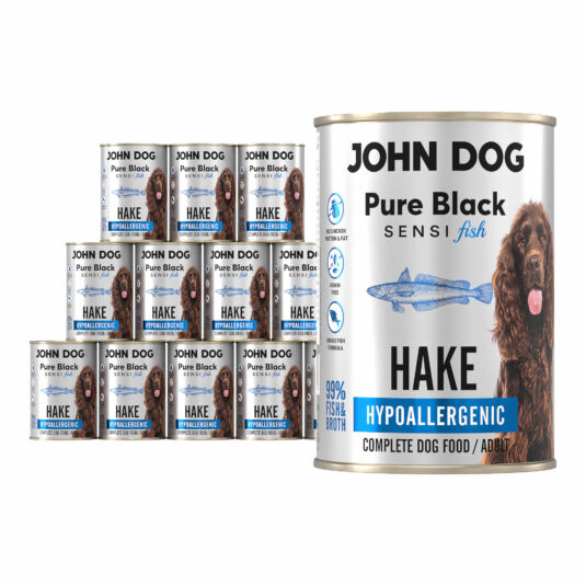 Zestaw dwunastu puszek mokrej karmy dla psa z morszczuka, linia Pure Black Sensi Fish, pojemność 400 g.
