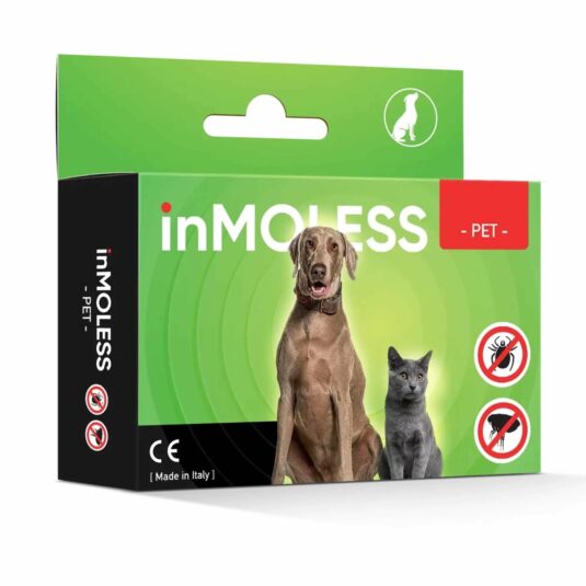 Ultradźwiękowy odstraszacz inmoless dla zwierząt domowych. Działa na pchły i kleszcze. Zielone opakowanie na białym tle.