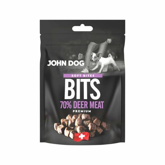 Czarne opakowanie z fioletowym paskiem i psem – przysmak premium z jelenia.