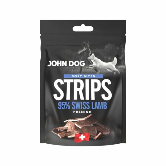 Czarne opakowanie przysmaków pasków z 95% szwajcarskiej jagnięciny, z niebieskimi akcentami.