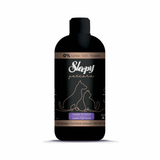 Szampon dla zwierząt lawendowy w czarnej butelce. Pojemność 500 ml. Marka Sleepy.