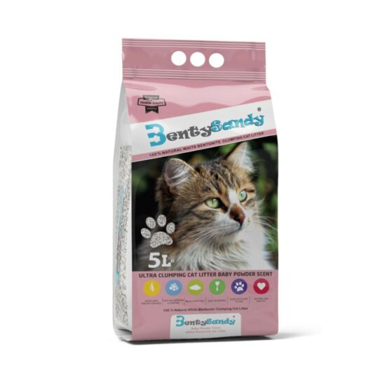 Naturalny żwirek dla kota baby powder marki Benty Sandy. Opakowanie różowe 5 l.