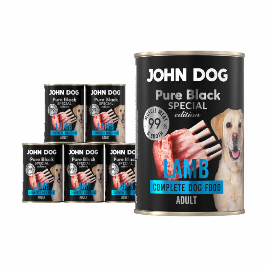 Zestaw sześciu puszek mokrej karmy dla psa z jagnięciny, linia Pure Black Special Edition, pojemność 400 g.