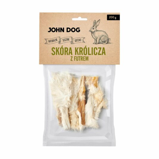 Suszony gryzak naturalny dla psa. Przysmak ze skóry króliczej z futrem, opakowanie 200g.
