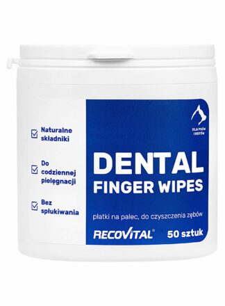 Płatki do zębów dla psa i kota Recovital Dental Finger Wipes w opakowaniu 50 sztuk.