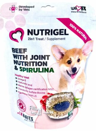 Przysmak dla psów Nutrigel Tasty z wołowiną, wzbogacony o składniki wspierające stawy oraz spirulinę.