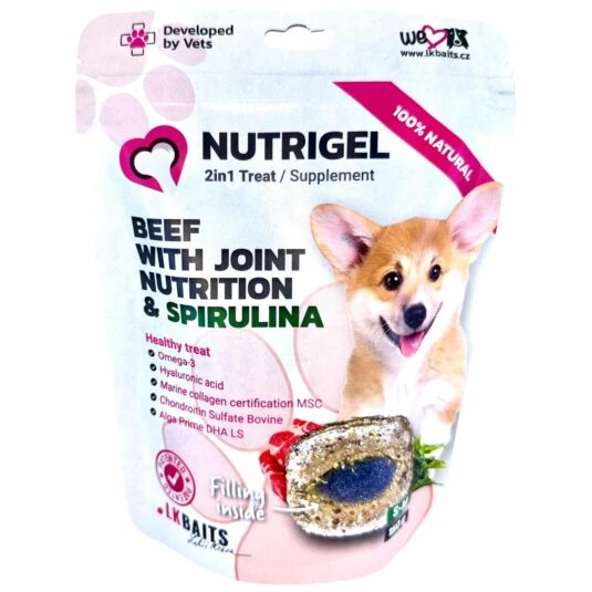 Przysmak dla psów Nutrigel Tasty z wołowiną, wzbogacony o składniki wspierające stawy oraz spirulinę.