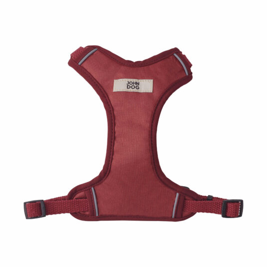 Bordowe szelki typu guard dla psa – widok z góry. Wykonane z bawełnianej taśmy i wodoodpornej, bezuciskowej tkaniny. Zdobione metalowymi nitami w kształcie serca oraz skórzanym brelokiem.