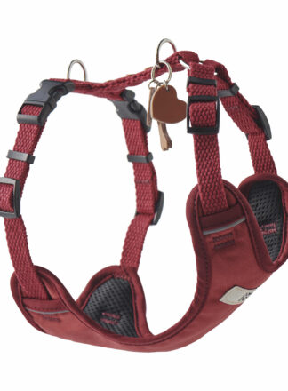 Bezuciskowe szelki dla psa w bordowym kolorze – widok z boku. Wykonane z taśmy bawełnianej, z regulacją na klamry, metalowymi D-ringami i miękkim podszyciem. Widoczne skórzane breloki i elementy odblaskowe.