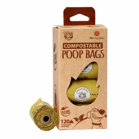 Opakowanie żółtych worków 8x15 rolek, kompostowalnych worków ze skrobii kukurydzianej.