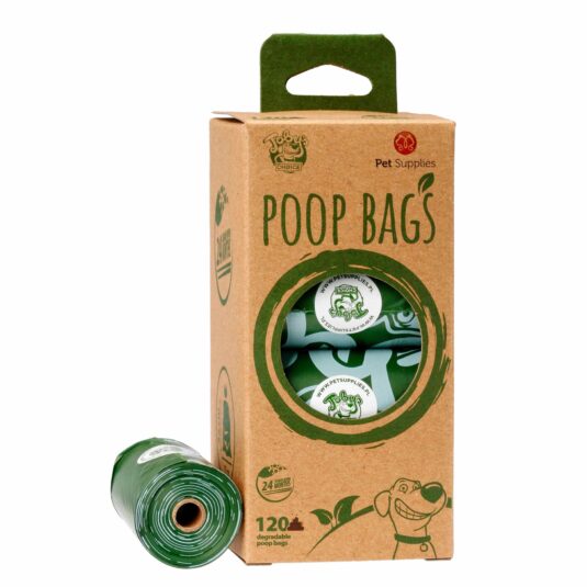 Opakowanie zielonych worków na odchody 8x15 rolek. Opakowanie z boku.