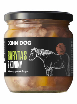 Słoik mokrej karmy dla psa John Dog, ujęcie na wprost. Etykieta w czerni z rysunkiem konia. Zawartość słoika widoczna przez szkło.