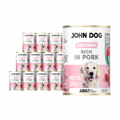 Zestaw 12 opakowań 400 g mokrej karmy dla psa Good Form bogatej w wieprzowinę.