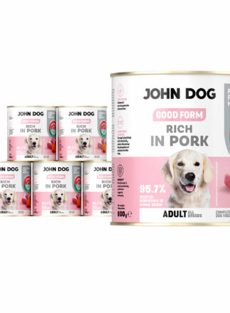 Zestaw 6 opakowań 800 g mokrej karmy dla psa Good Form bogatej w wieprzowinę.