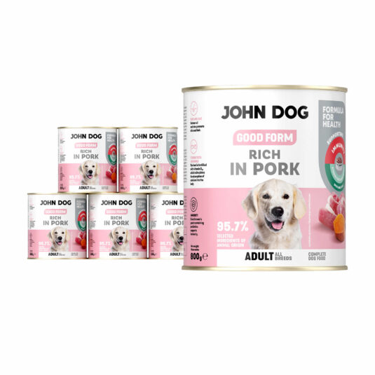 Zestaw 6 opakowań 800 g mokrej karmy dla psa Good Form bogatej w wieprzowinę.