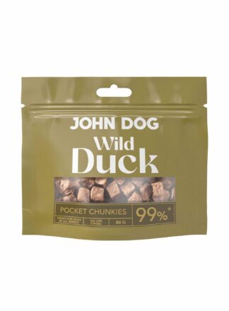 Kieszonkowe, oliwkowe opakowanie przysmaków John Dog Wild Duck Pocket Chunkies. Na opakowaniu znajduje się okienko pokazujące zawartość – mięsne kosteczki z kaczki dla psa.