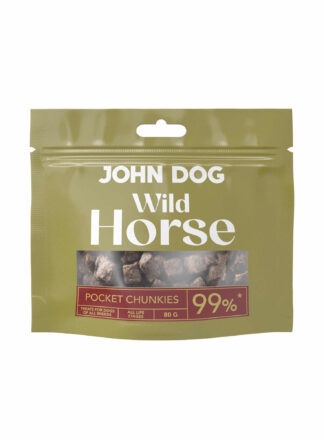 Oliwkowe opakowanie kieszonkowych przysmaków John Dog Wild Horse Pocket Chunkies z przezroczystym okienkiem pokazującym zawartość – mięsne kosteczki z mięsa z koniny. Idealnie sprawdzą się jako przysmaki treningowe i na spacery.