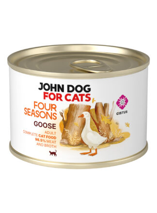 Karma mokra dla kota z linii Four Seasons – smak gęś. Puszka o pojemności 185 g. Etykieta z ilustracją białej gęsi na tle jesiennego pejzażu z brązowo-złotymi liśćmi, napisy w kolorach pomarańczowym i czerwonym.