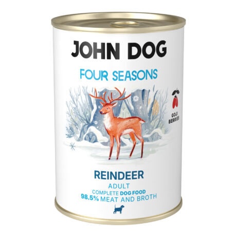 Karma mokra dla psa z linii Four Seasons – smak renifer. Puszka o pojemności 400 g. Etykieta z ilustracją renifera w zimowym krajobrazie, utrzymana w chłodnych, niebiesko-białych barwach.