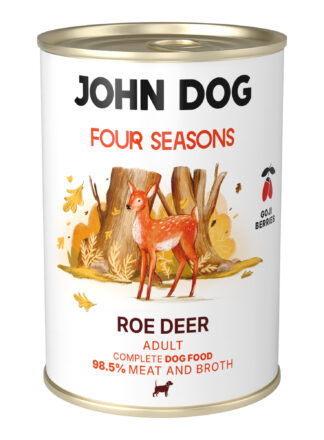 Karma mokra dla psa z linii Four Seasons – smak sarna. Puszka o pojemności 400 g. Na etykiecie ilustracja sarny w jesiennym lesie, napisy w kolorach czarnym i czerwonym, logo z jagodami goji.